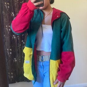 Color Block Red Yellow Green Corduroy Zip-Up
